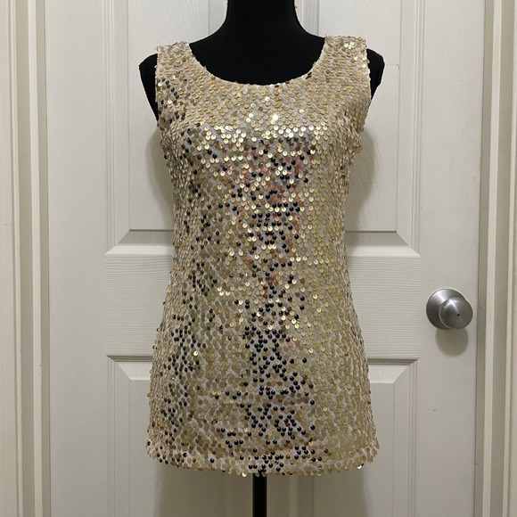 Forever Young Sleeveless Tank Top Gold Sheer Chiffon Sequin Embellised S M L NWT - Picture 1 of 8